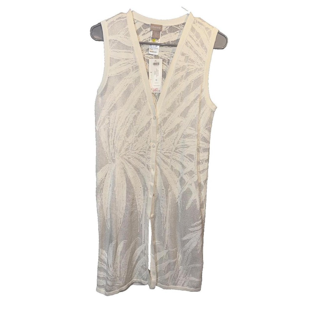 Chico's Coconut Palm Stitch Long Sweater Vest Beach Cover Up Ivory Size 0 NWT